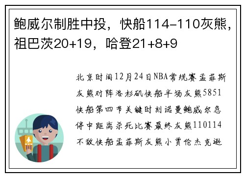 鲍威尔制胜中投，快船114-110灰熊，祖巴茨20+19，哈登21+8+9